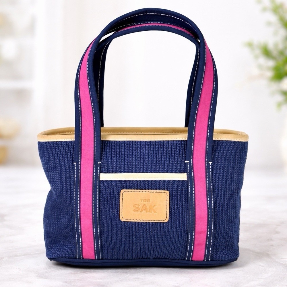 The Sak Gina Mini Tote Navy Blue Pink Striped Straps Zip Top Crochet Knit Boho
